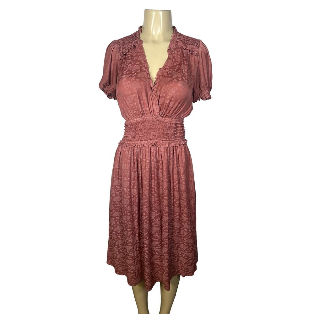 Current Air Dress Womens Small Pink Floral Jacquard‎ Smocked Midi Boho Ruffle